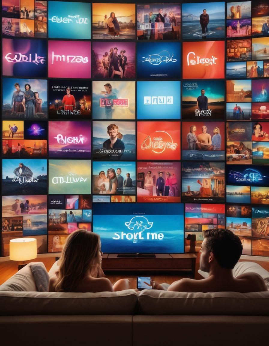 A dynamic collage of popular streaming service logos blended with sensual imagery, such as silhouettes of couples enjoying intimate moments. The background should depict a modern living room setting with a large television screen displaying enticing thumbnails of erotic videos. Surround the scene with soft, ambient lighting to create a cozy atmosphere, emphasizing the fusion of technology and adult entertainment. The visual style should be vibrant and modern, capturing the essence of today's streaming culture. vibrant colors. digital art.