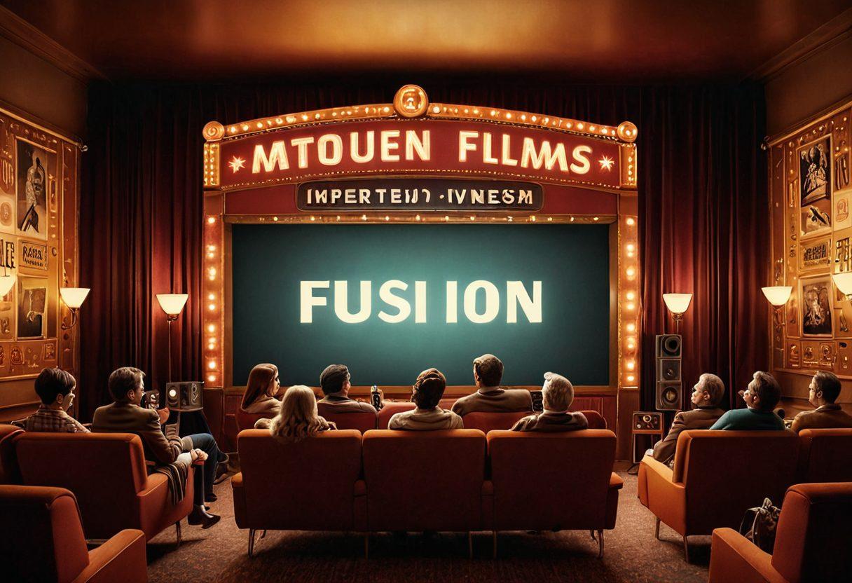 An artistic representation of a vintage cinema with a glowing marquee displaying 'Independent Films' and 'Premium Content'. In the foreground, a diverse group of people of various ages are engaged in watching a film on a large screen, illuminated by soft, warm lights. Surrounding them are stylish furniture and retro decor, symbolizing a cozy viewing experience. The background shows film reels and streaming symbols blending together, representing the fusion of traditional and modern media. vibrant colors. retro film style. cozy atmosphere.